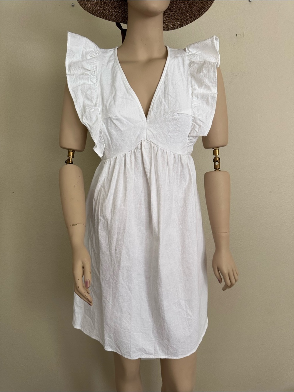 Fancyinn White V-Neck Ruffle Flutter Sleeve Mini Dress